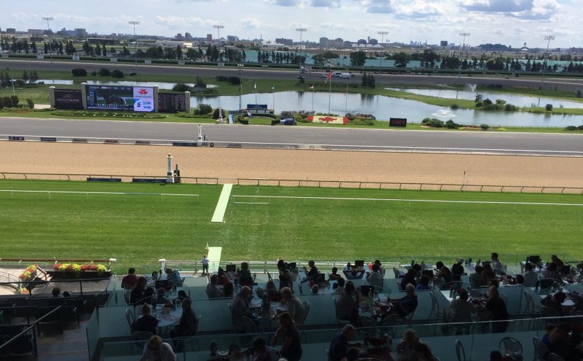 Woodbine Races, outdoor picture of the racetrack, groups of people watching in the front, green grass area, light brown racetrack, grey pavement, blue water in the back with patches of green grass, light blue sky with lots of clouds