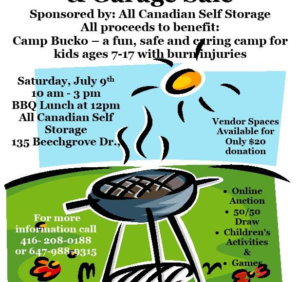 Community BBQ and Garage Sale Event poster with date and location