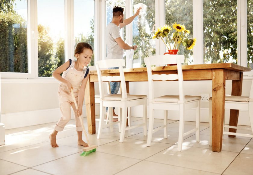 sweeping in the kitchen